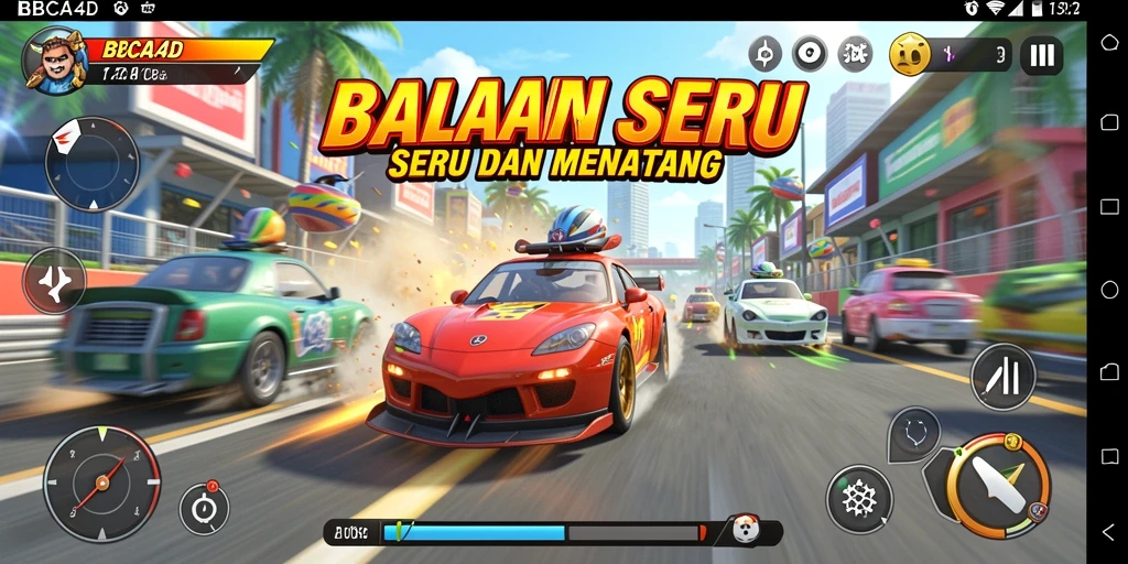 Screenshot gameplay BBCA4D yang menampilkan balapan yang mendebarkan.