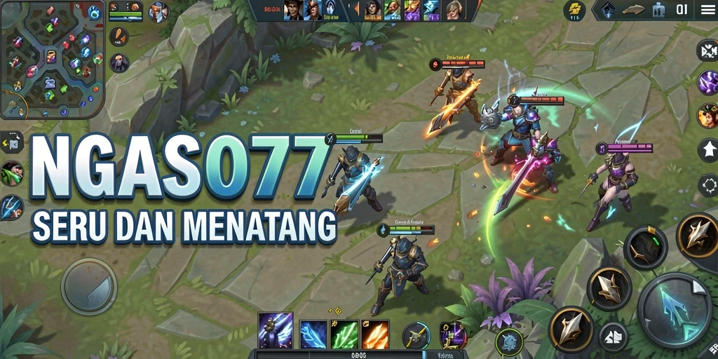 Gameplay seru dalam NGASO77 dengan pertempuran MOBA yang mendebarkan.