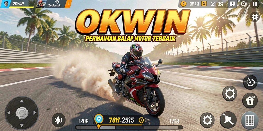 Screenshot gameplay OKWIN menampilkan aksi balap motor yang seru.