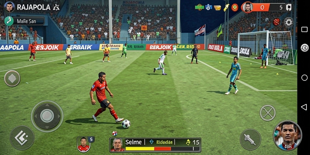 Screenshot utama RAJAPOLA menampilkan aksi sepak bola mendebarkan dan grafis yang mempesona.