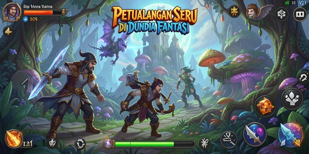 Tangkapan layar V21 menampilkan aksi seru di dunia petualangan.